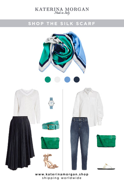Green silk scarf with denim outfits