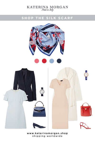 Workwear neutral style with a patterned silk scarf