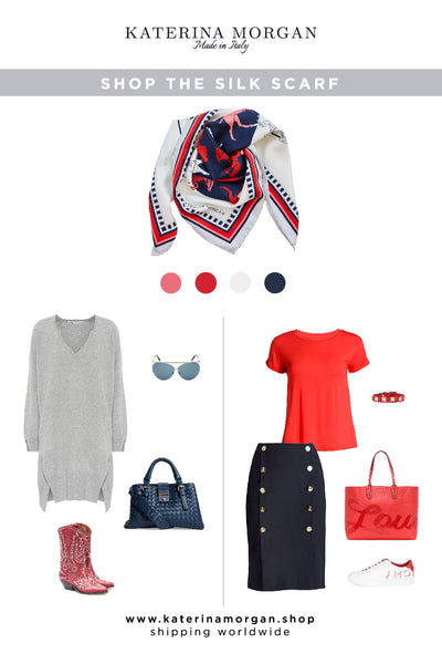 Navy and red outfits with silk scarf
