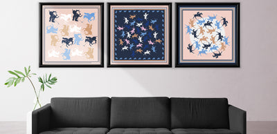 Navy and beige wall decoration with 3 silk scarves.
