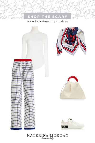 White, navy and red outfit