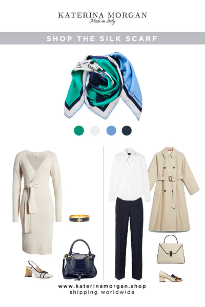 Neutral outfit with green and navy accessories
