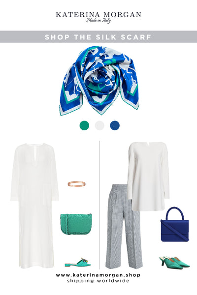 White wardrobe with contrasting silk scarf - timeless look