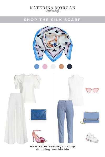 2 summer looks with light blue and pink accessories