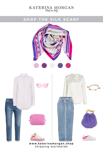 2 pink outfits with silk scarf and sneakers