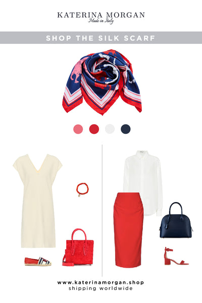 Navy and red horse silk scarf for beach and office