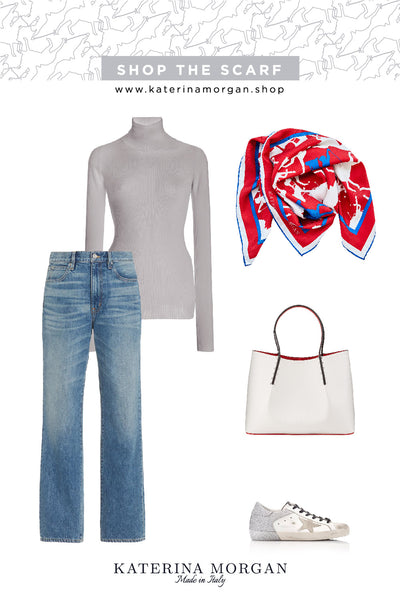 Blue jeans and red silk scarf