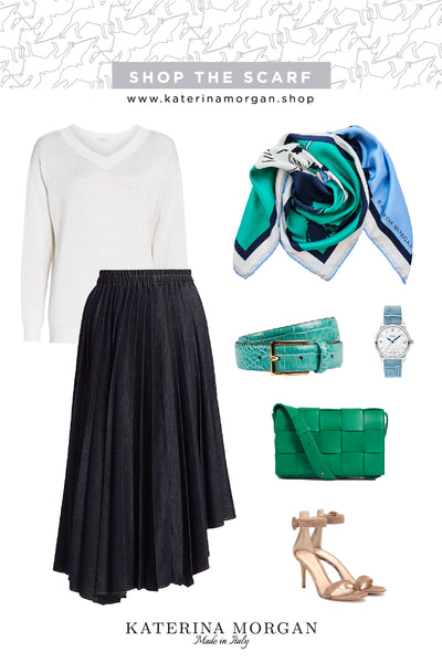 Trendy A-line pleated skirt with green accessories