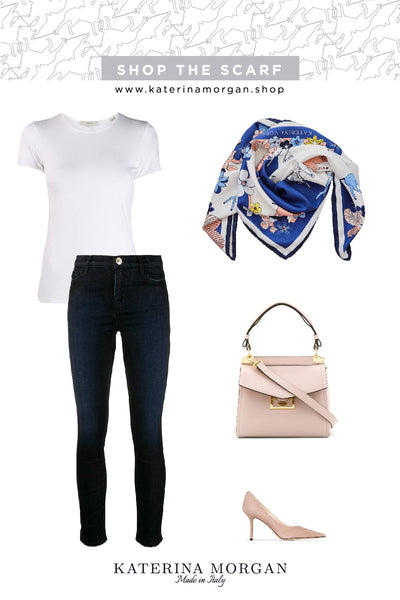 Timeless combination with floral silk scarf