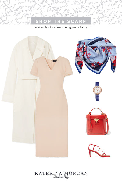 Neutral dress with red and blue accessories