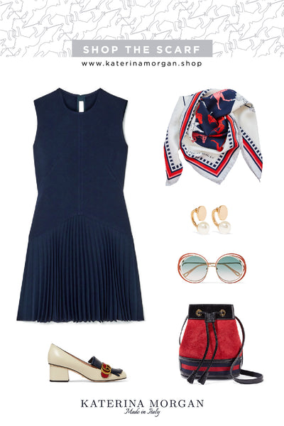 Trendy retro outfit with navy and red silk scarf