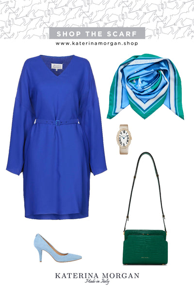 Cobalt blue trendy dress with light blue polo silk scarf
