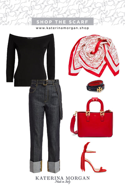 Black and red! Trendy outfit with polo silk scarf