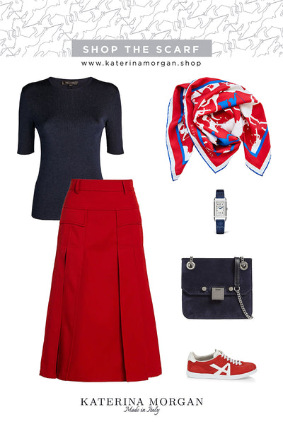 Red and navy outfit with printed silk scarf