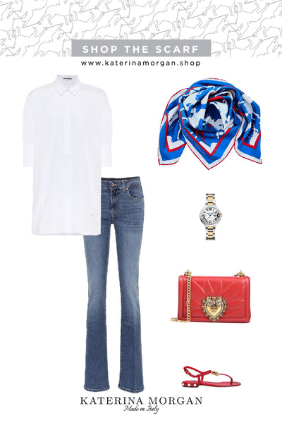 Casual elegant jeans + polo silk scarf
