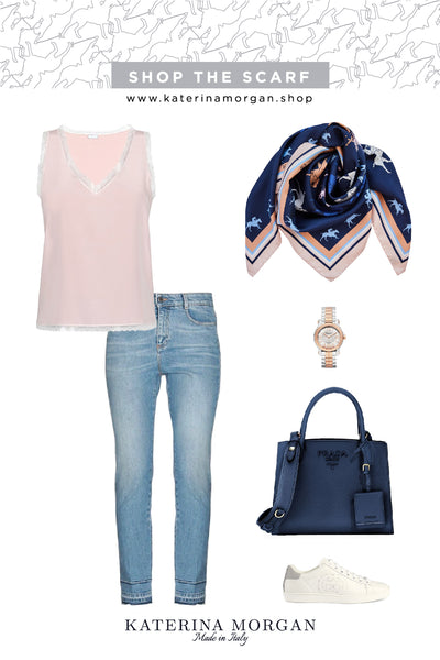 Every day denim outfit with navy polo silk scarf