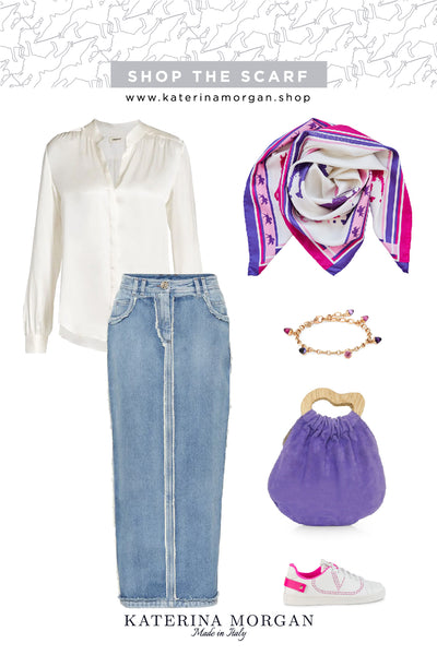 Denim skirt and colorful accessories