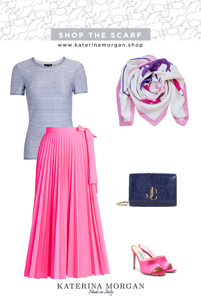 Pink and purple outfit with a pleated skirt and square foulard