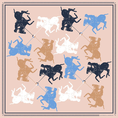 Beige, white and blue horse polo design silk scarf for women