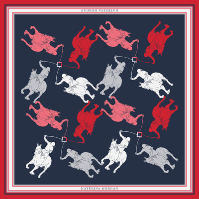 Classy navy blue and red horse polo design silk scarf