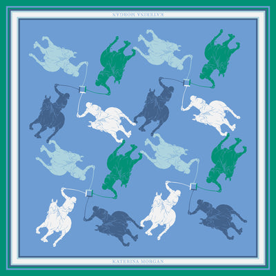 Horse polo theme light blue and green silk scarf