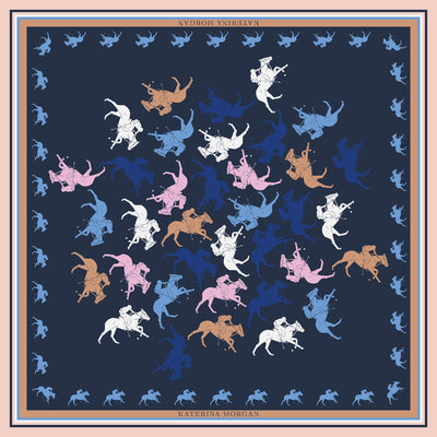 Silk women scarf with horse polo design, navy, beige and blue