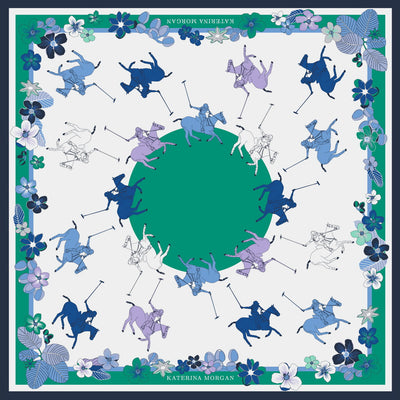 Ladies horse polo silk scarf in green and blue colors
